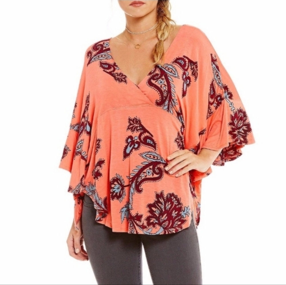 Free People Maui Wowie V-Neck Poncho Top Women's S Passion Flower Pink Oversize